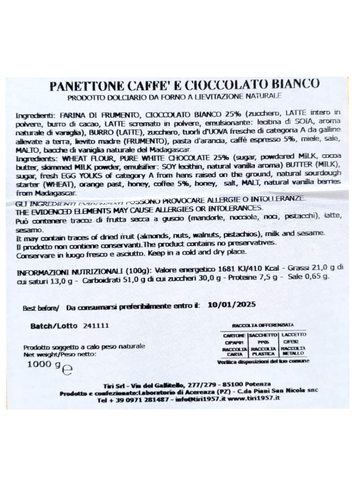 Panettone Caffè e Cioccolato Bianco Tiri